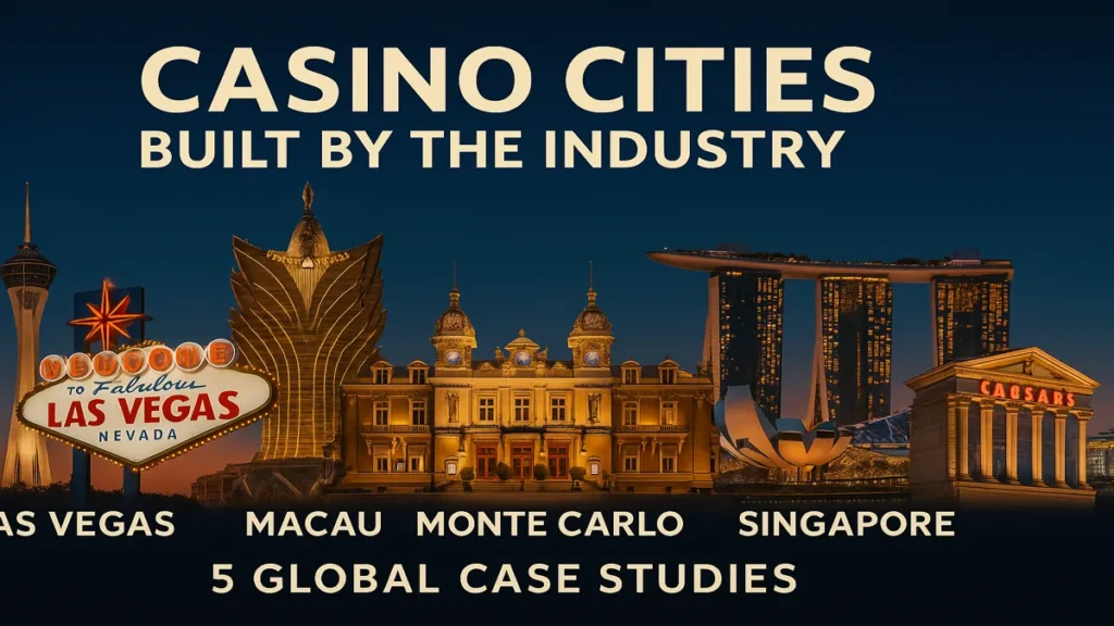A collage of famous casino cityscapes like Las Vegas, Macau, and Monte Carlo