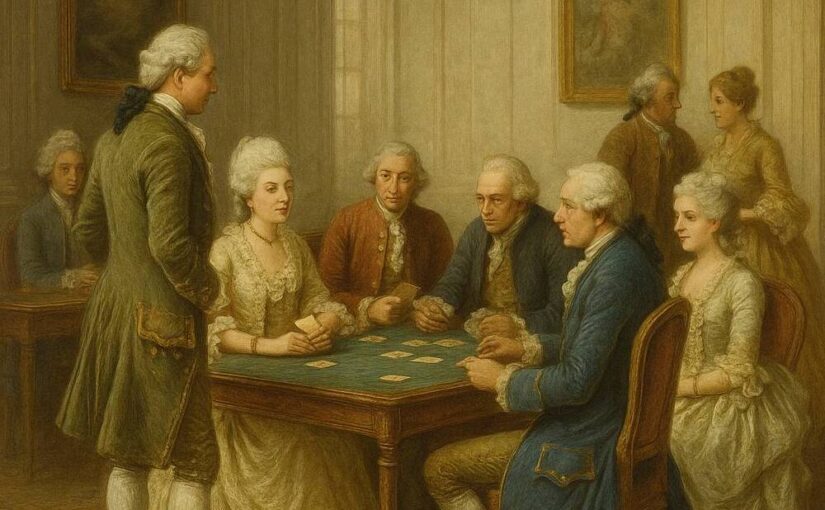 Aristocrats gathering in 18th-century casino as a cultural social venue