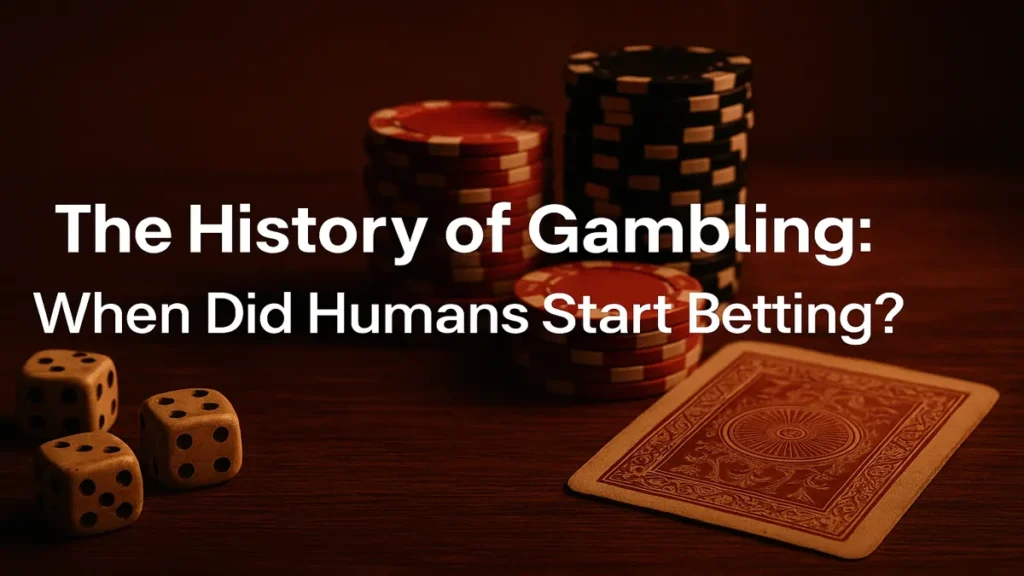 This featured image showcases poker chips, antique dice, and a vintage playing card laid on a dark wooden surface—visually representing the historical roots of gambling.