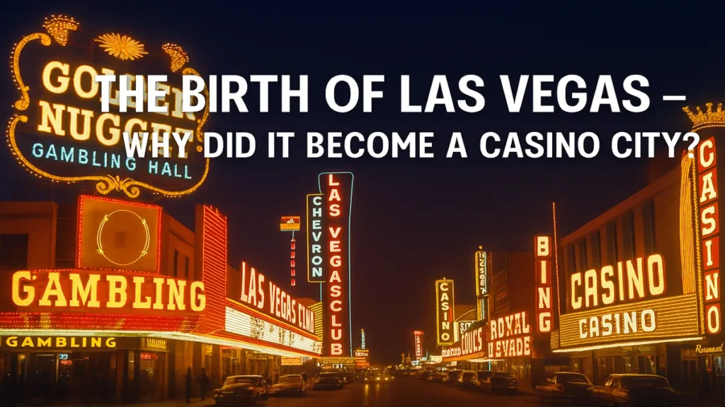 Neon-lit view of early Las Vegas casinos during the 1950s mob era
