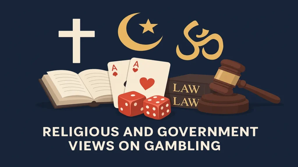 Symbols of religion and law surrounding dice and playing cards, illustrating religious and government views on gambling